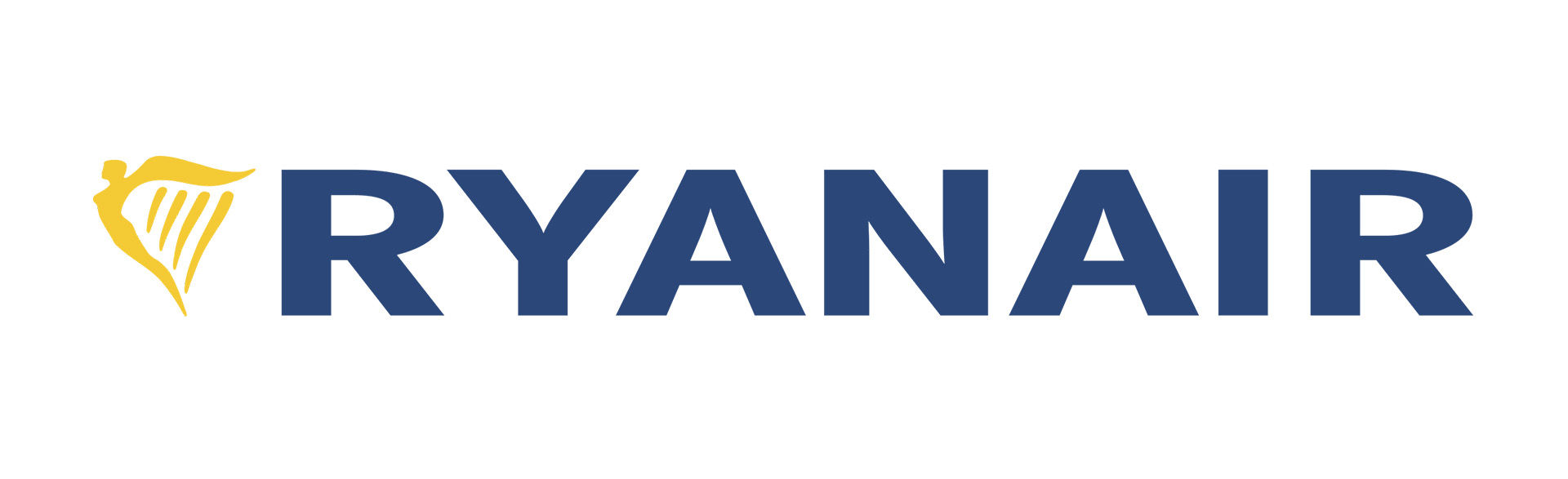 The Ryanair logo. A yellow-orange angel next to the word Ryanair in a bold, all caps, blue-purple, sans serif font.
